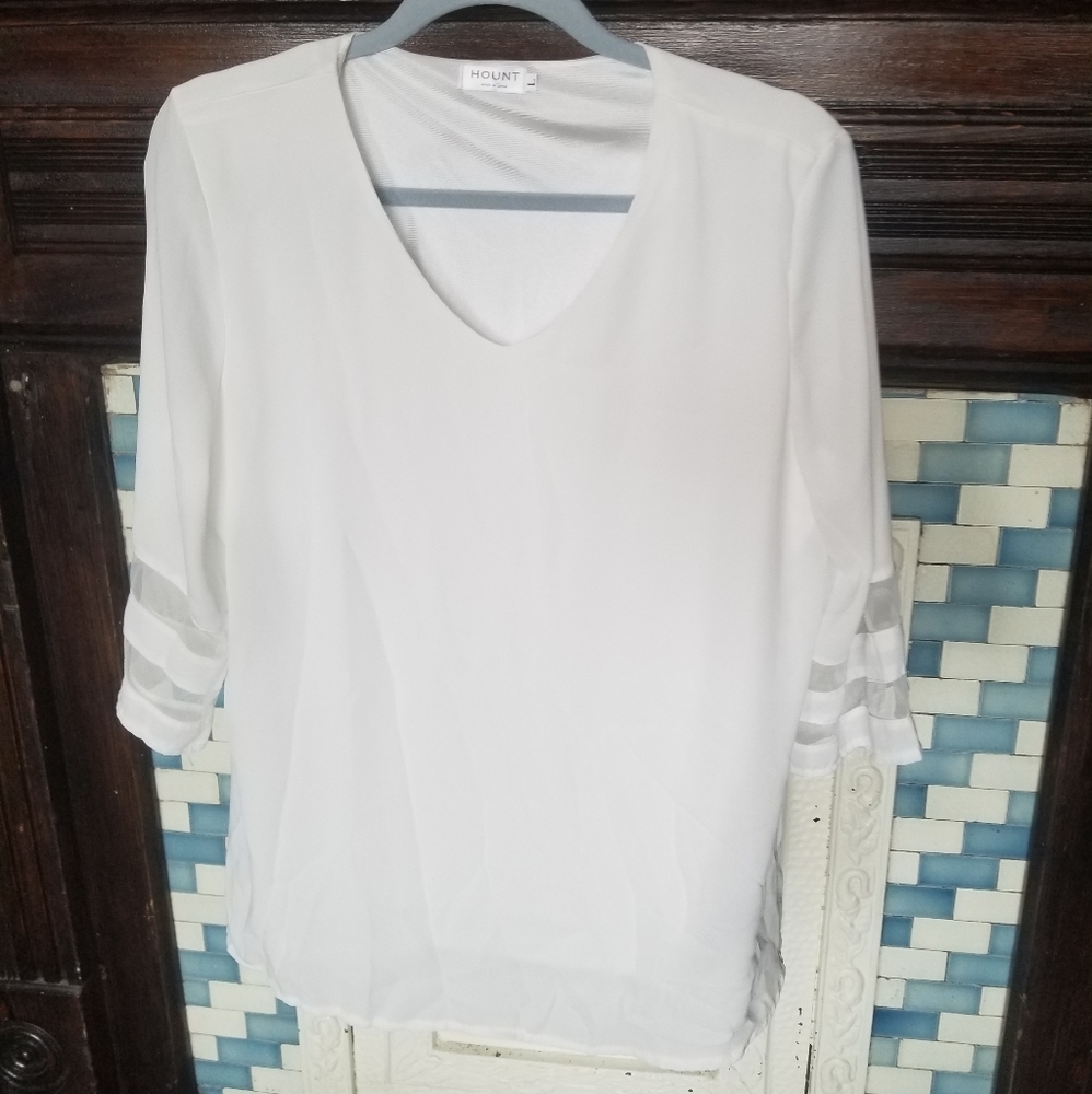 White V Neck Blouse, 3/4 mesh detail sleeves.